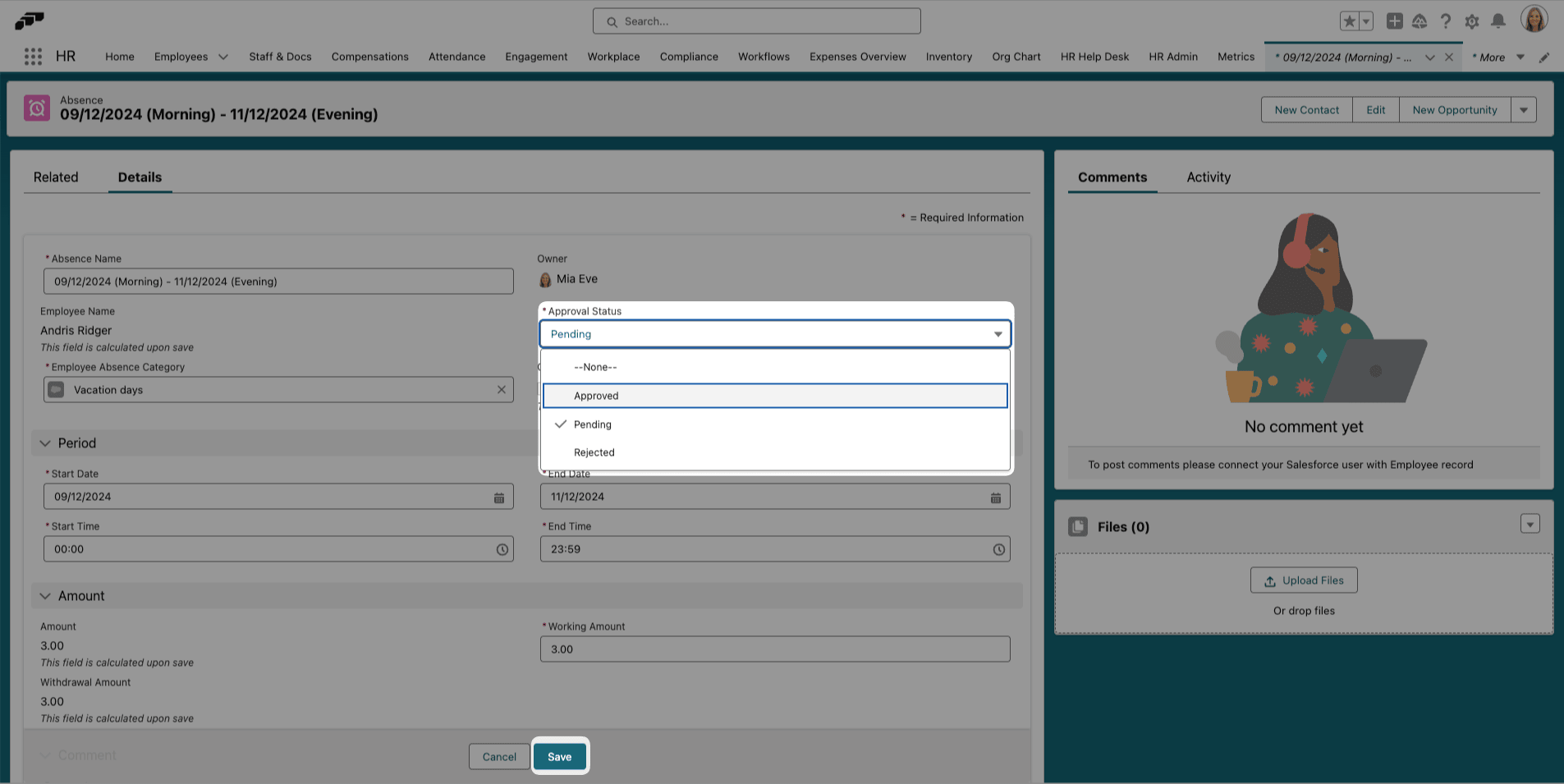 Approval Status edited on a Salesforce absence