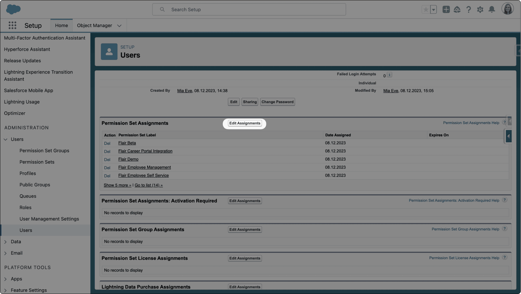 Edit Assignments action for a Salesforce user