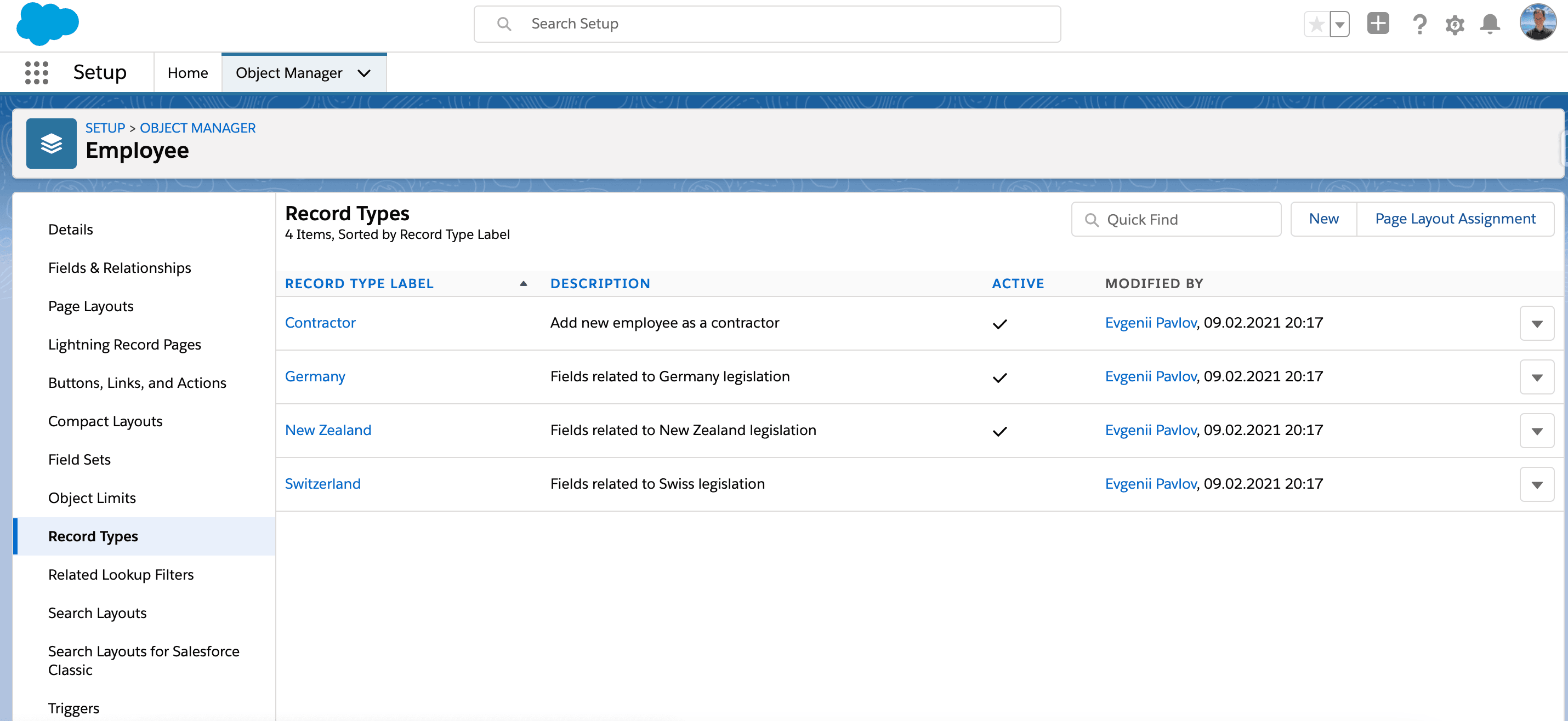 Employee record-type settings on a Salesforce profile