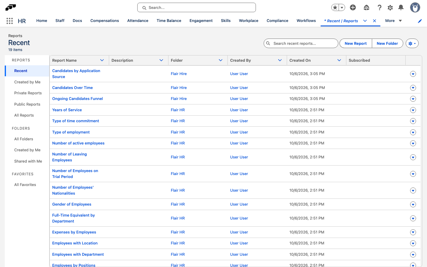 The Salesforce Reports tab listing packaged reports in the Flair HR and Flair Hire folders