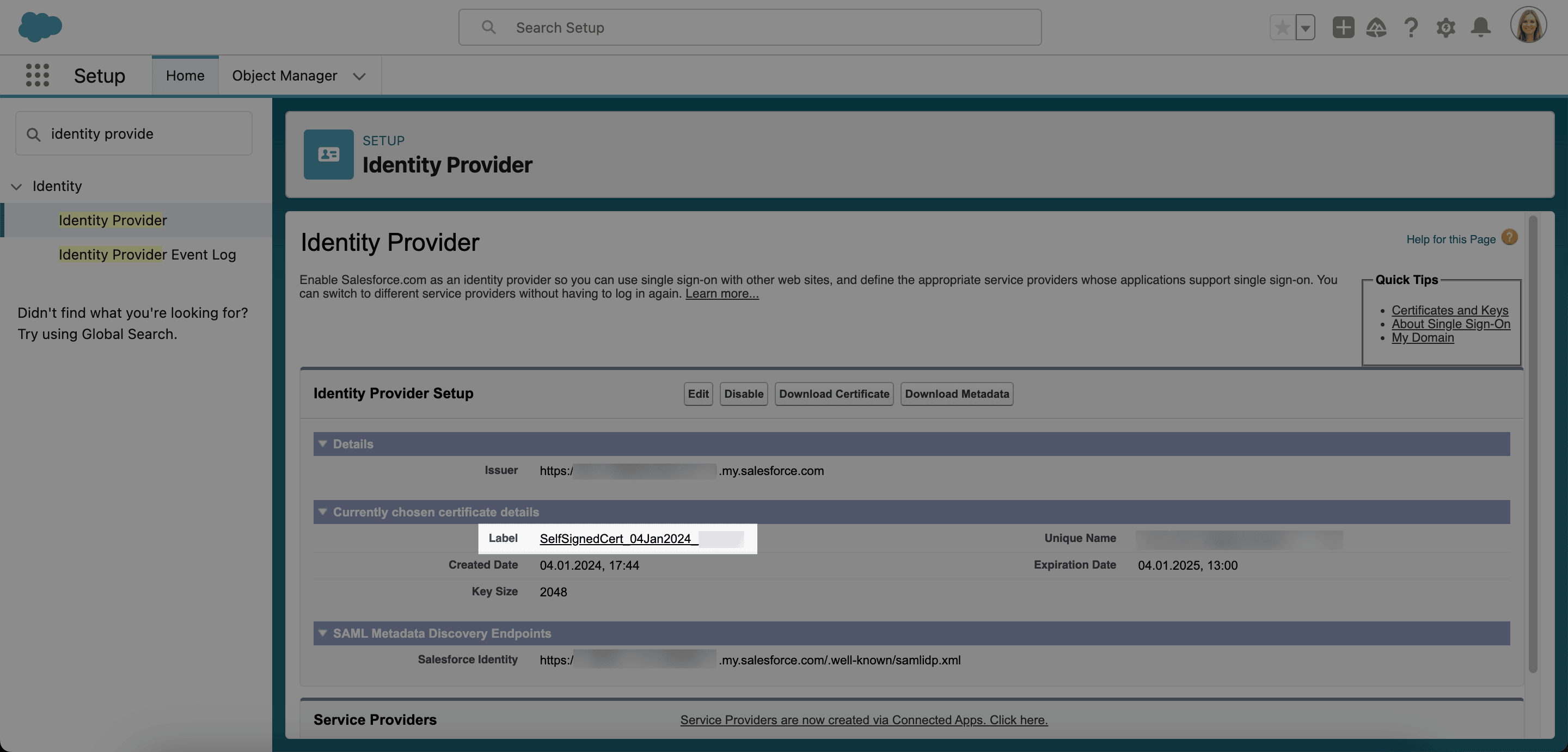 Certificate details on the Salesforce Identity Provider page