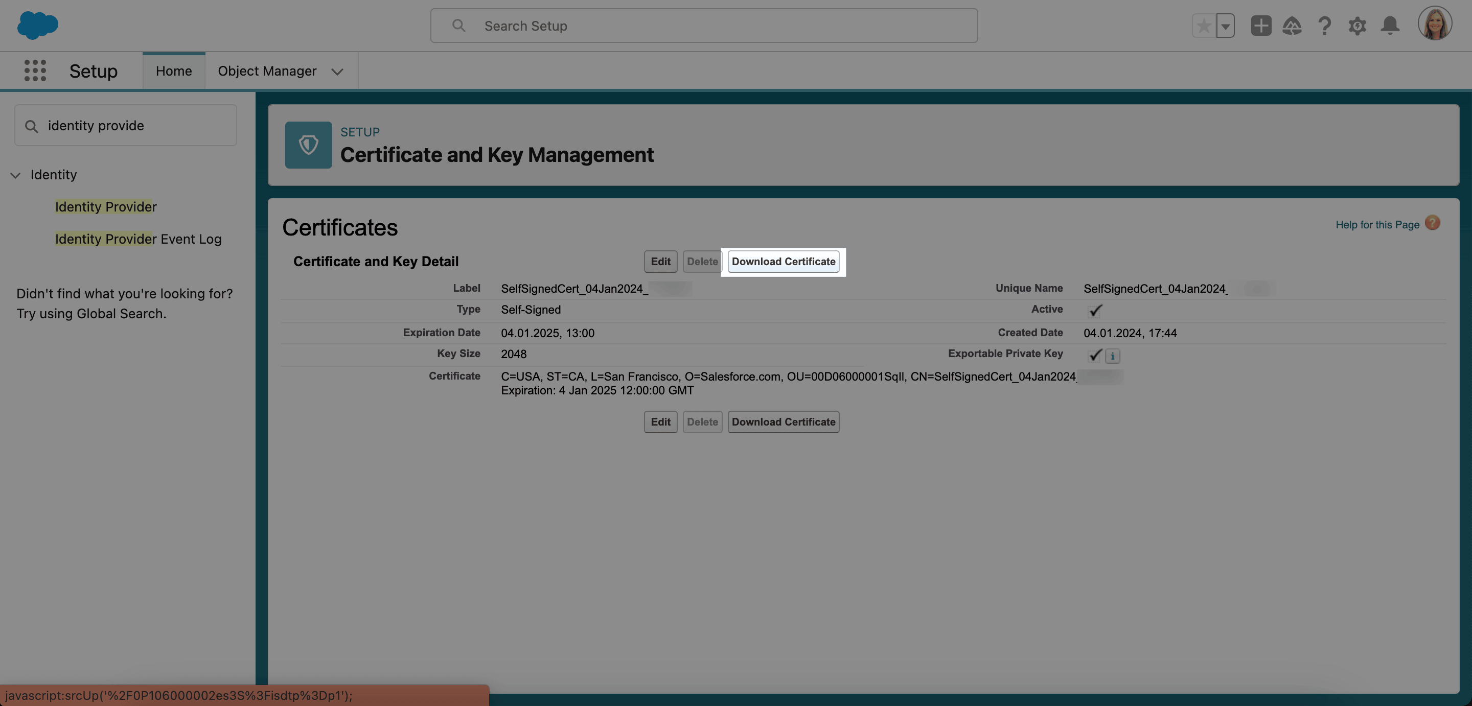 Download Certificate action in Salesforce