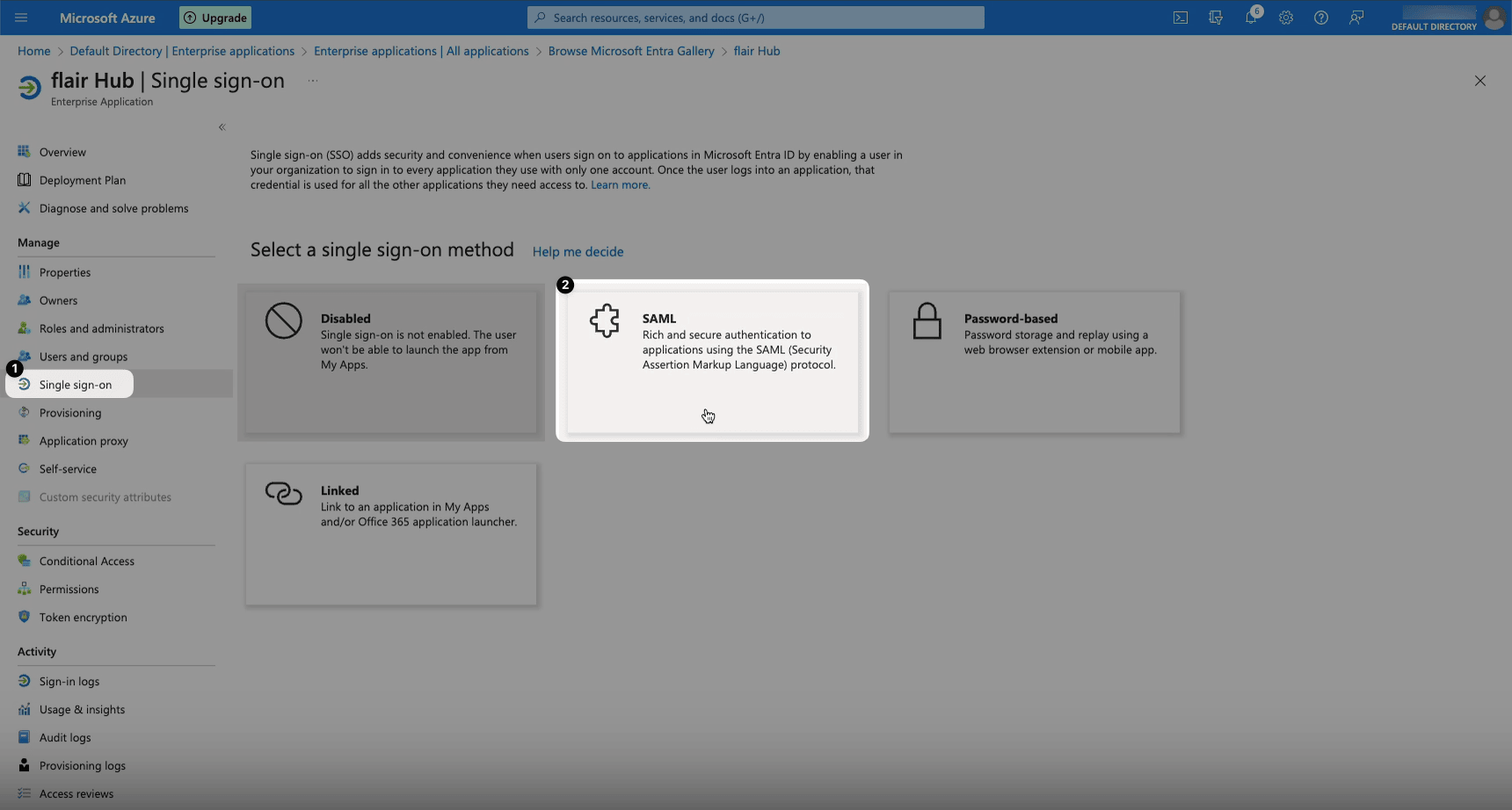 SAML selected as the single sign-on method