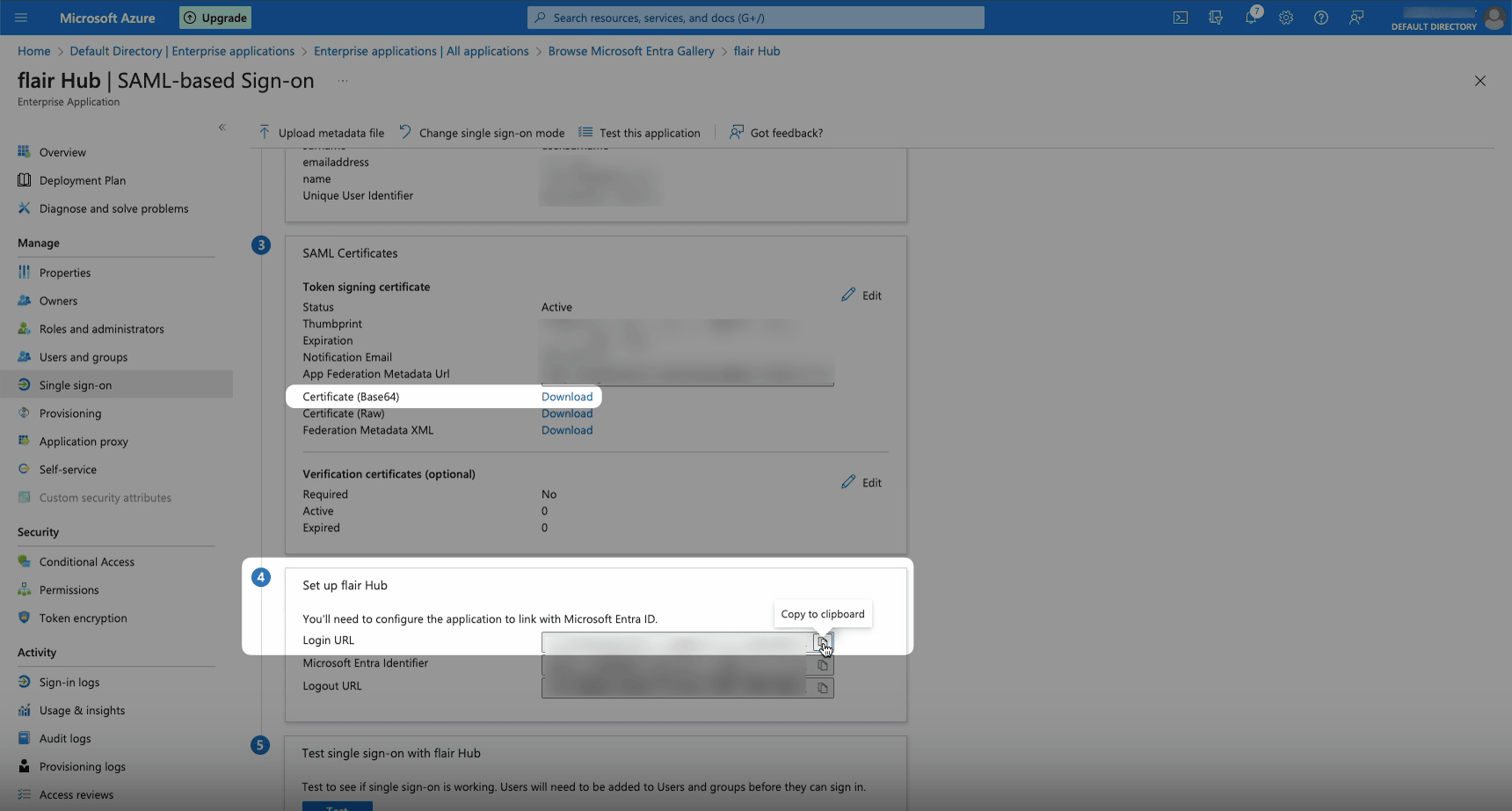 SSO URL and certificate fields for Microsoft Entra ID
