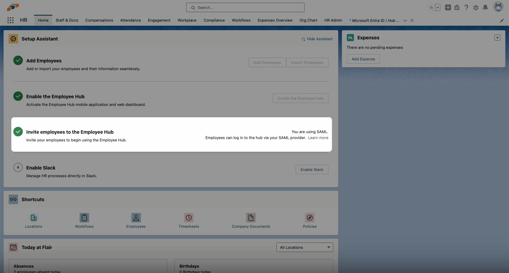 SAML login status in the flair Setup Assistant