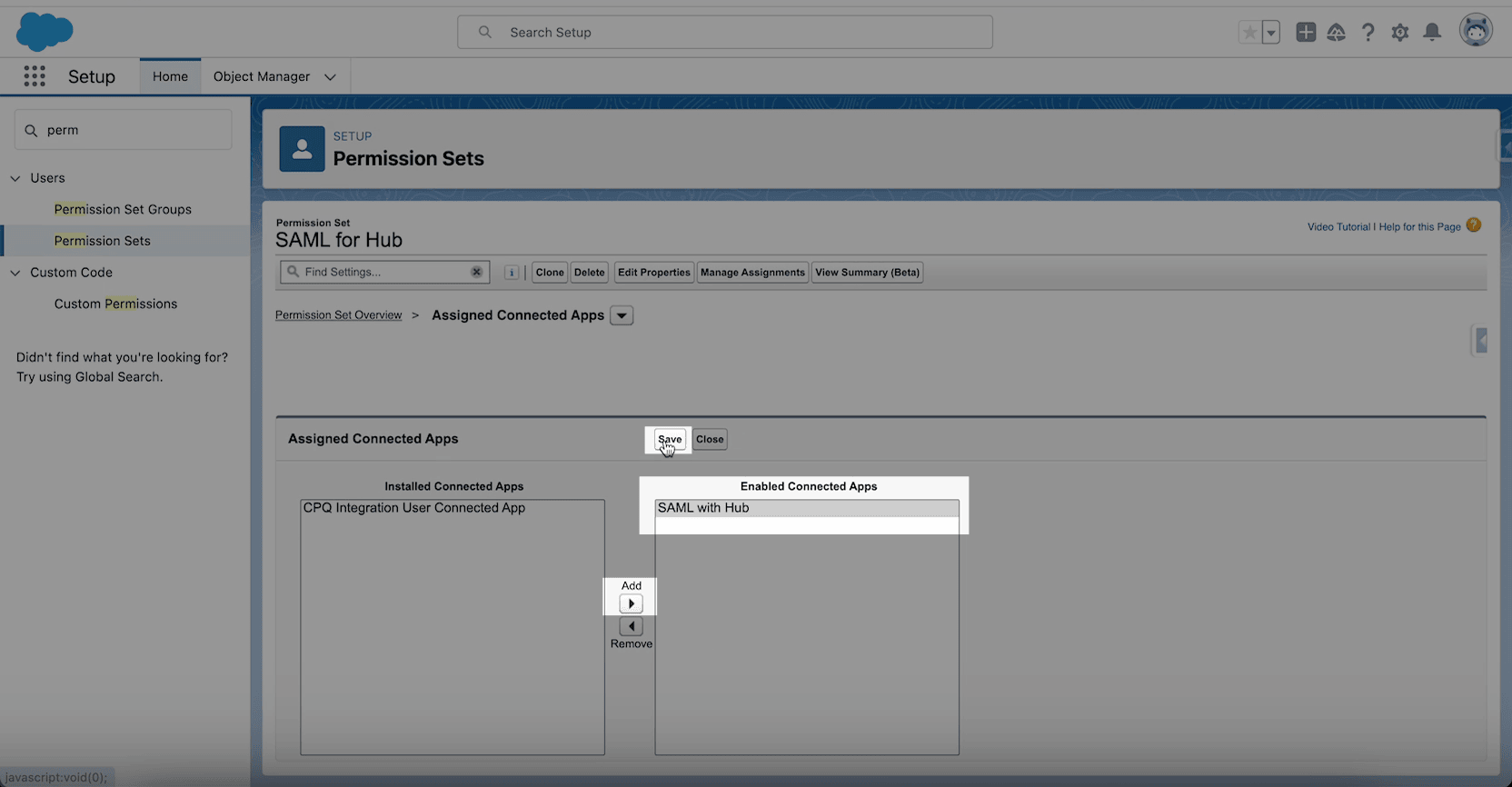SAML app in the Enabled Connected Apps list