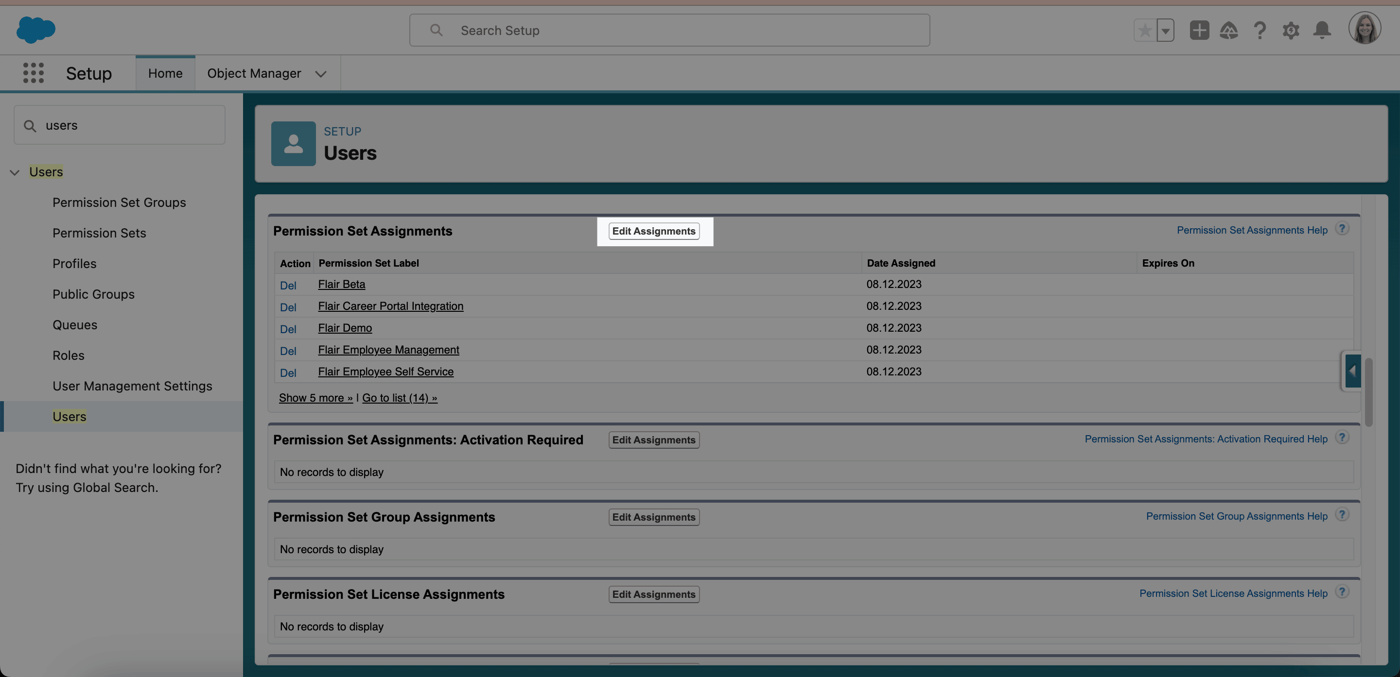 Edit Assignments action on a Salesforce user