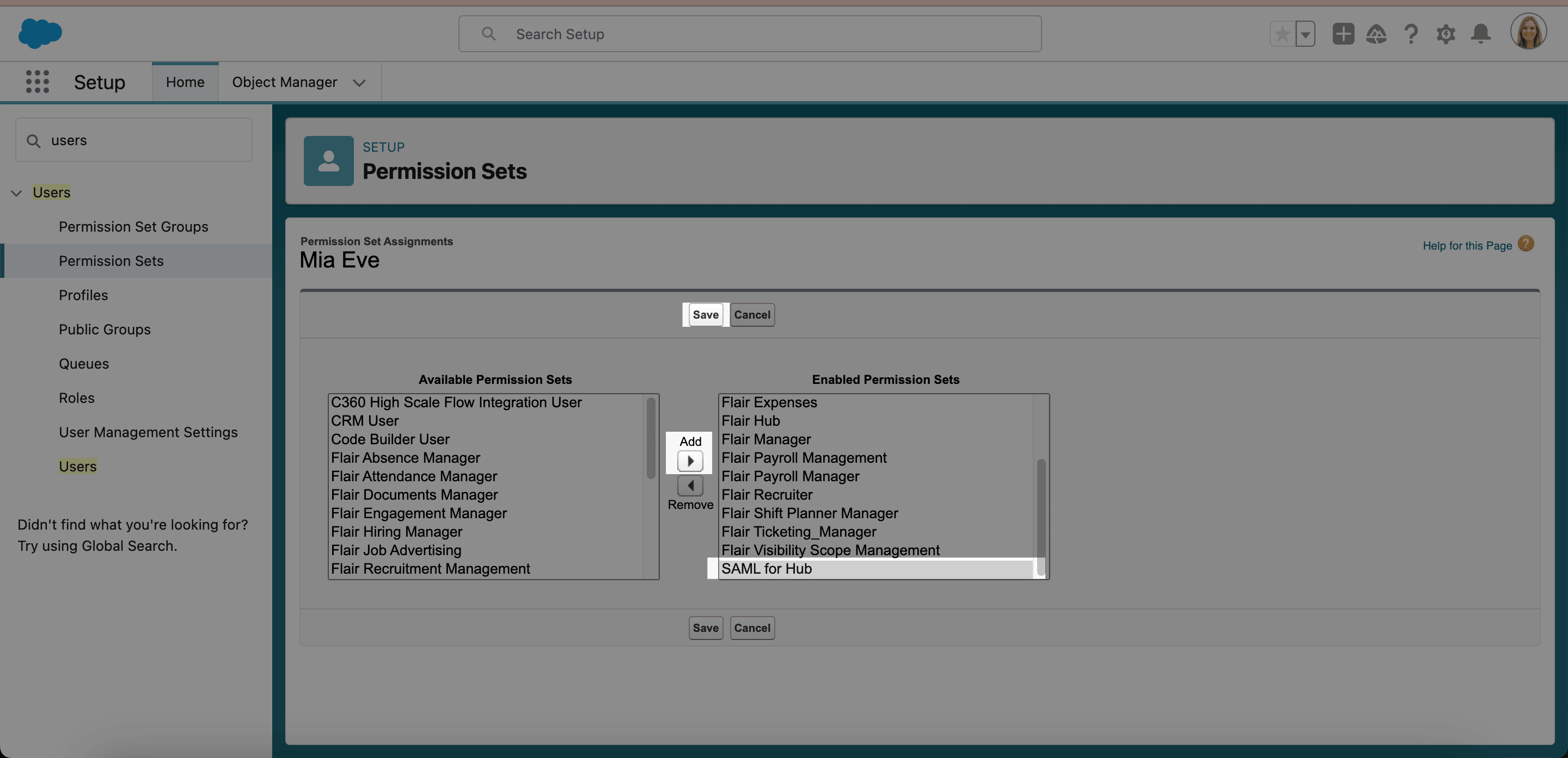 SAML permission set assigned to a Salesforce user