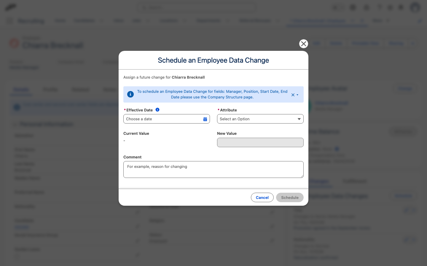The Schedule an Employee Data Change dialog with Effective Date, Attribute, Current Value, New Value and Comment fields