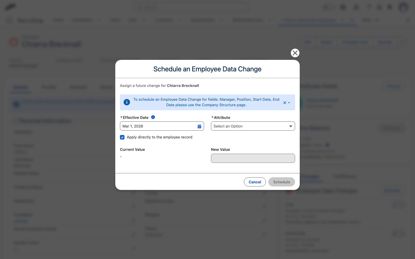 The Schedule an Employee Data Change dialog with a past effective date and the Apply directly to the employee record option switched on