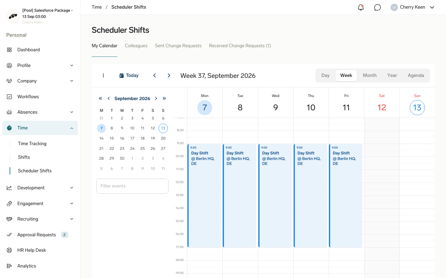 Shifts in the Employee Hub calendar with a week of published shifts