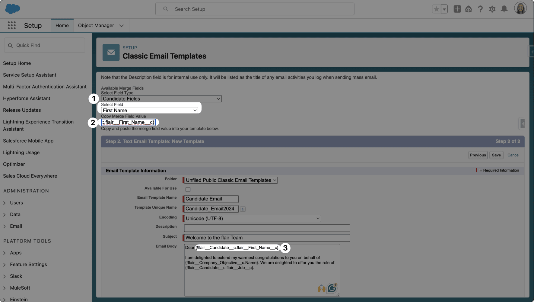 First Name selected as a Classic Email merge field