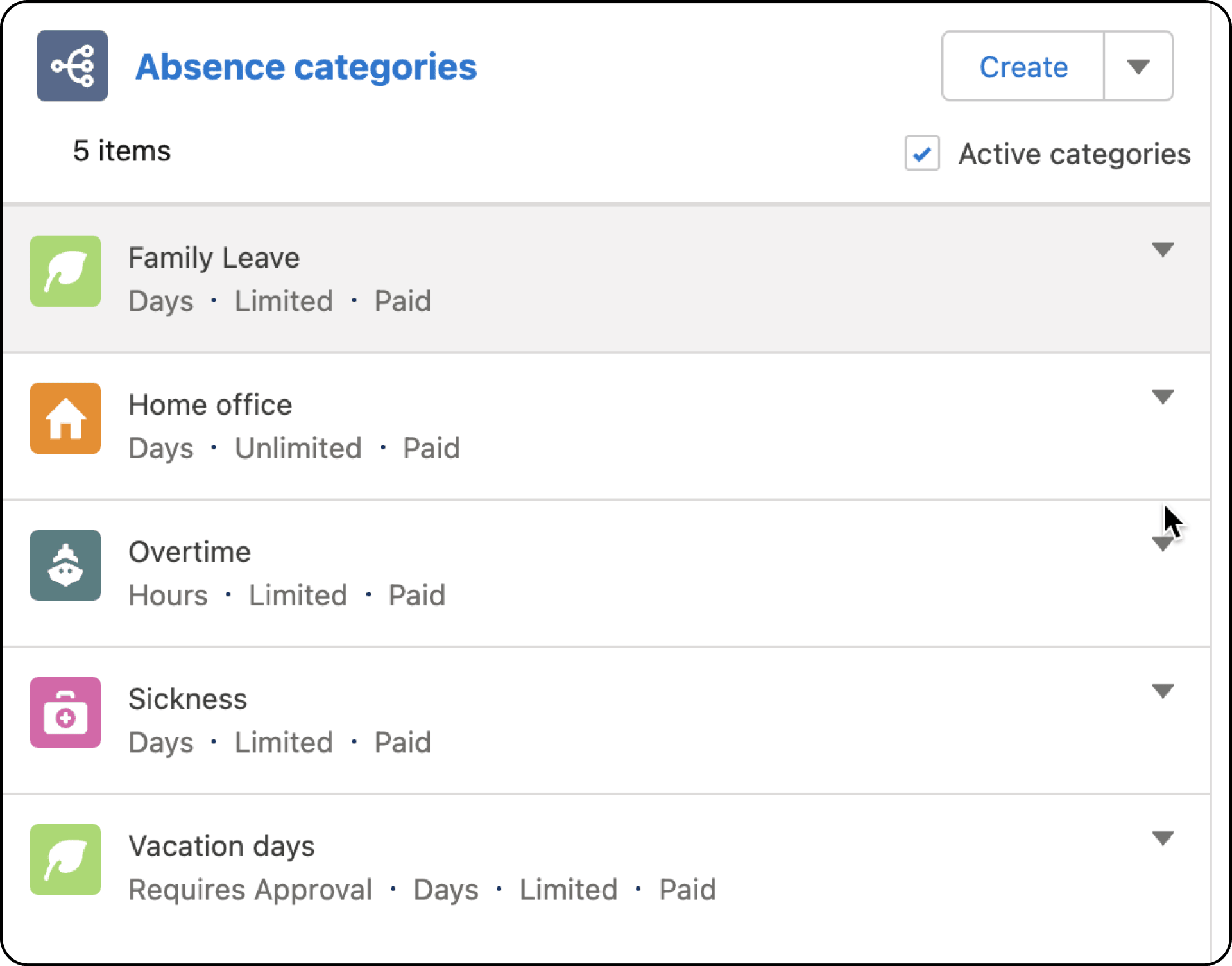 The Absence Categories, Accrual Policies, and Employees panels
