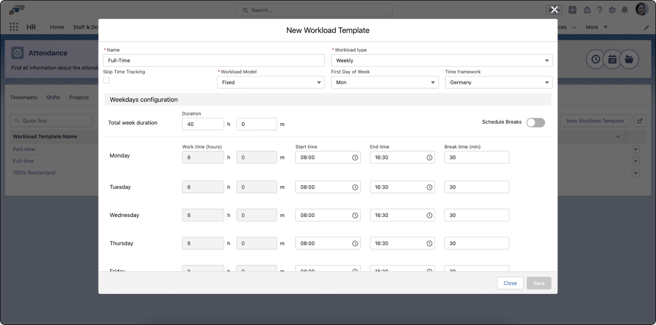 Weekly hours and break times on a workload template