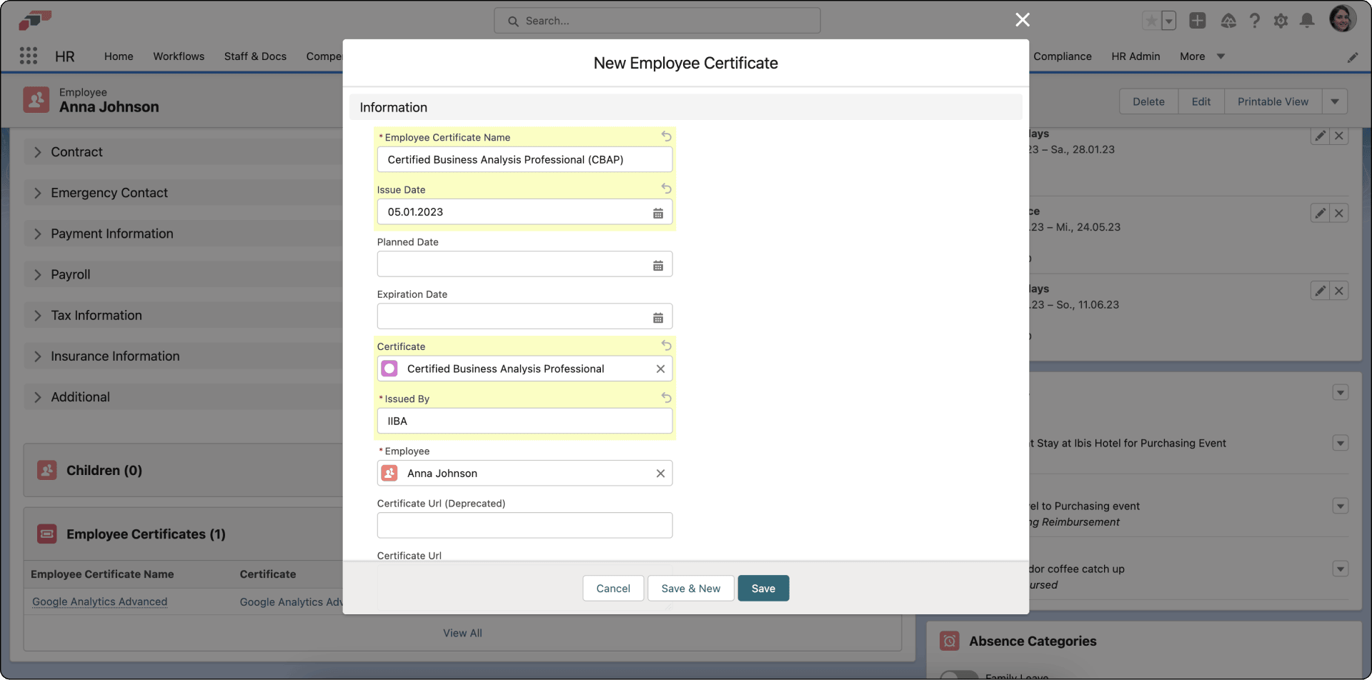 New Employee Certificate record in flair HR