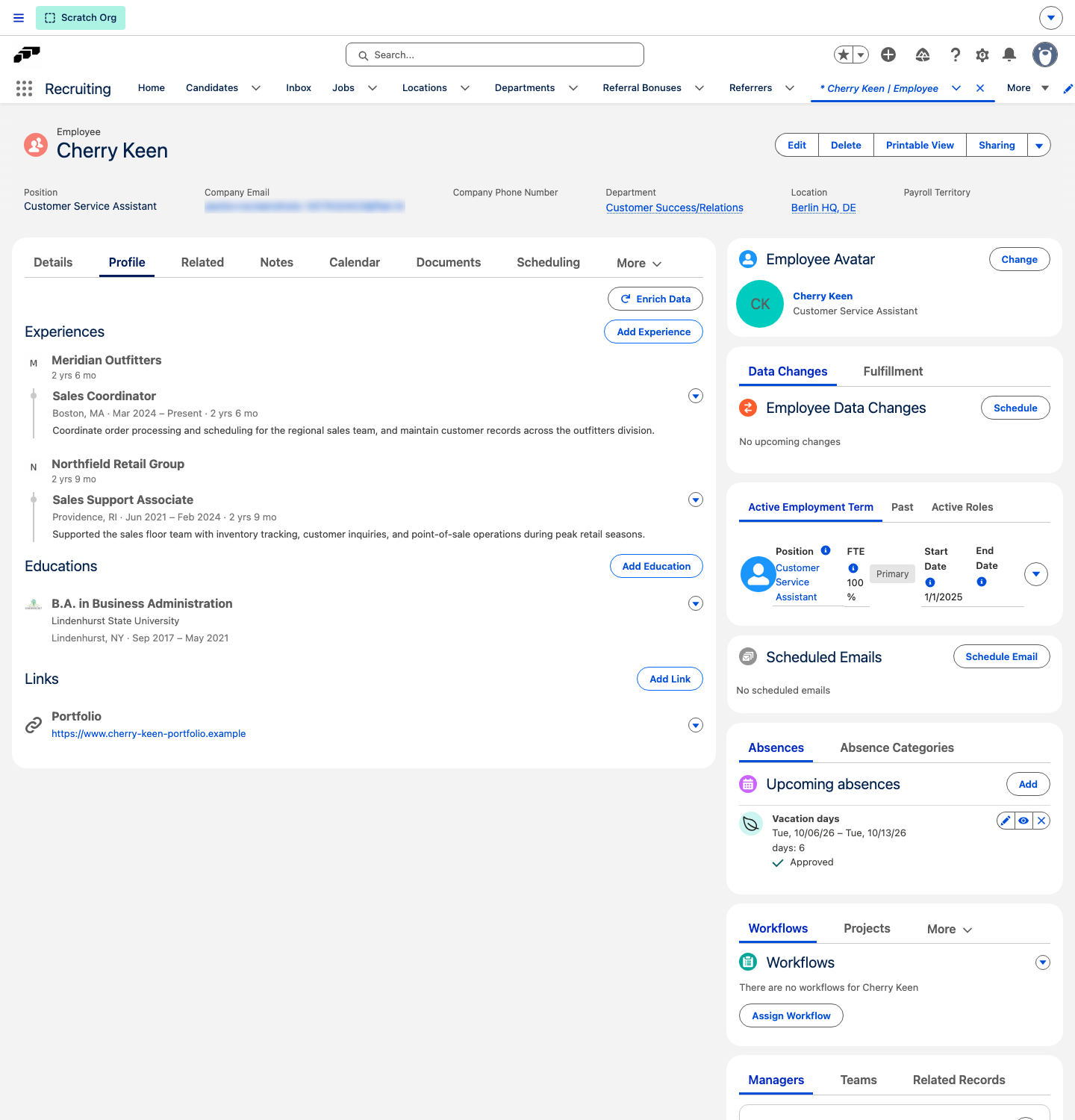 An Employee record's Profile tab in Salesforce showing Experiences, Educations, and Links cards