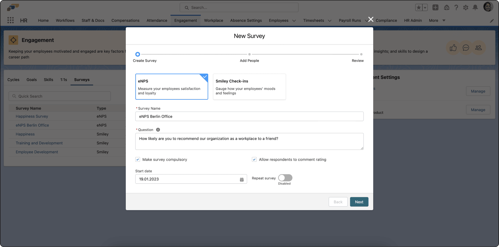 The settings for a new eNPS survey