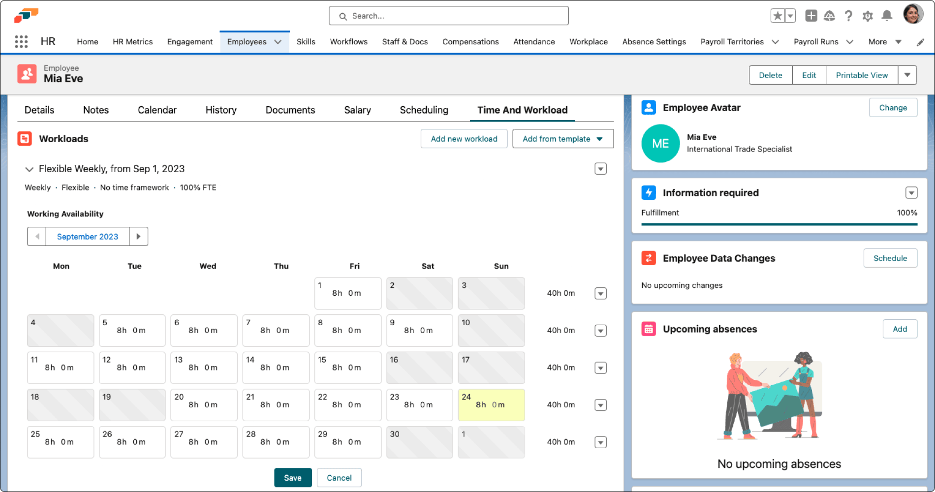 Actual hours entered in a flexible workload calendar