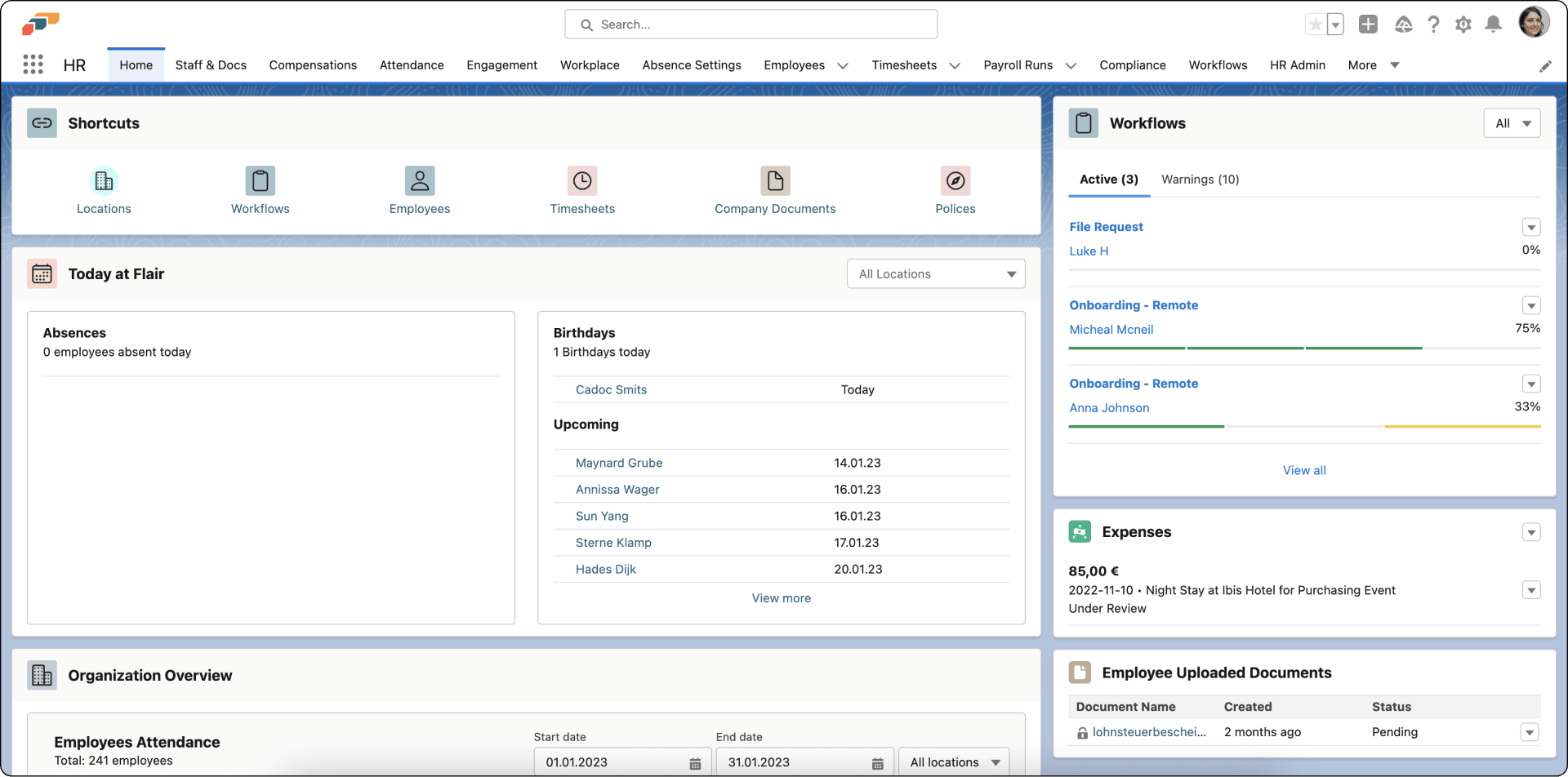 The flair HR home page in Salesforce