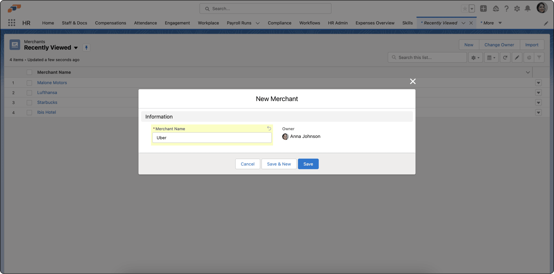 The form for creating a merchant in HR Admin