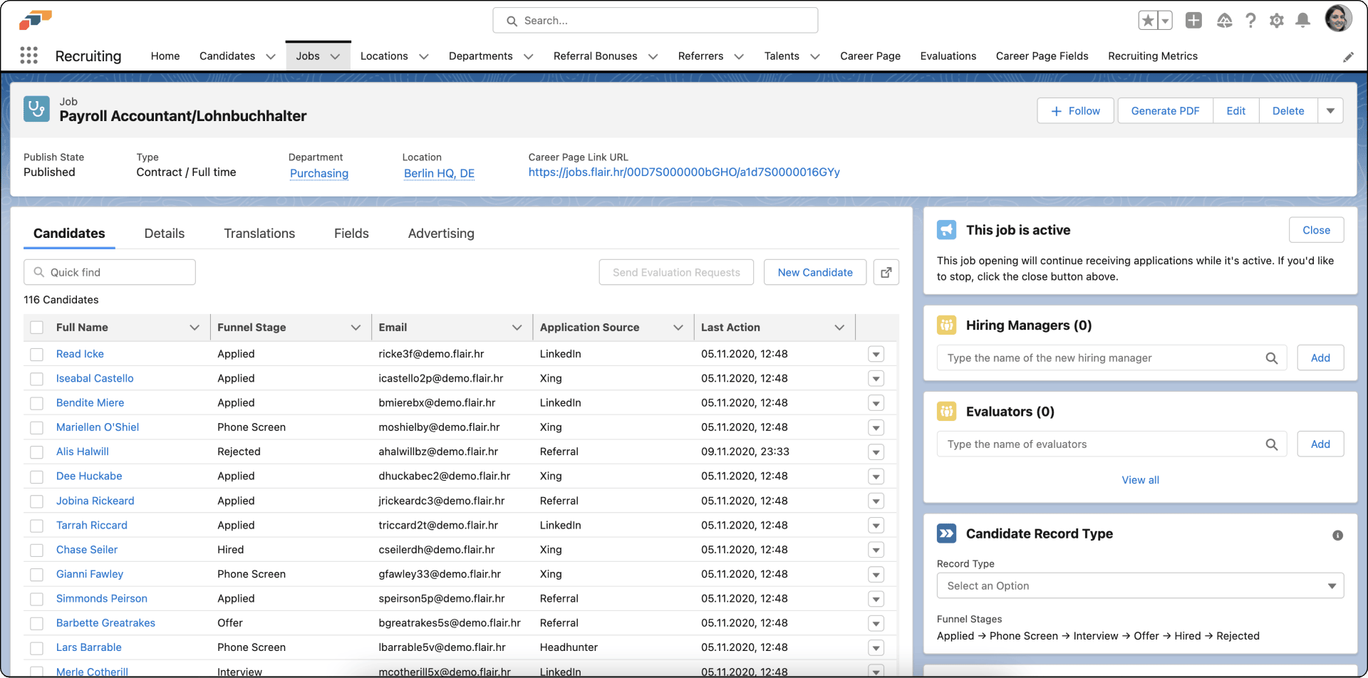 Hiring Managers section on a job record