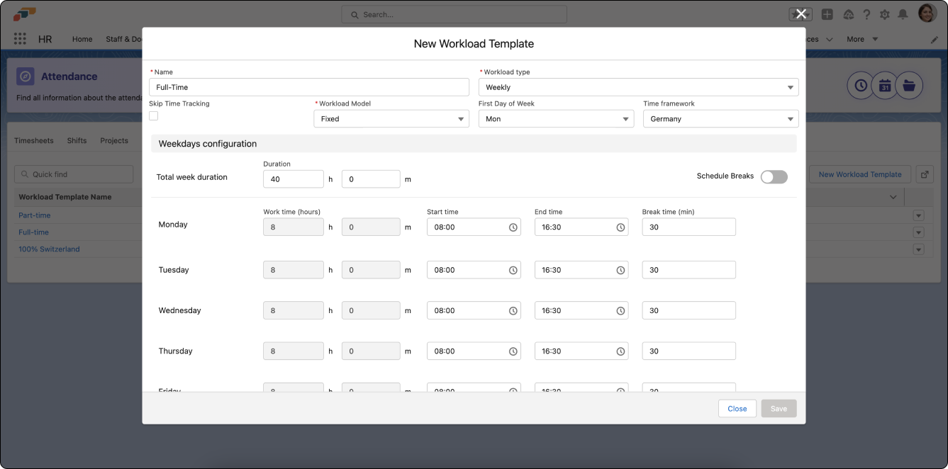 Defining weekly hours, shift lengths, and break times in a workload template in Salesforce