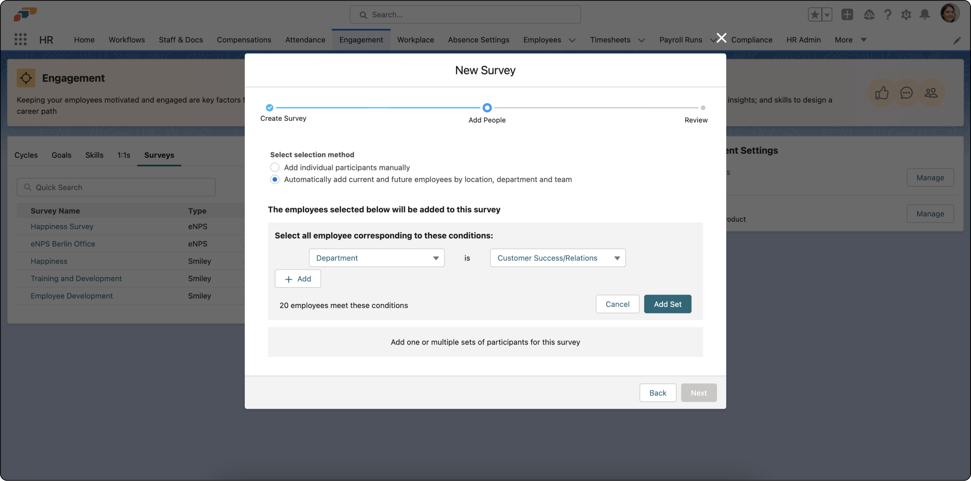 Send surveys to individual employees, departments, teams, or offices