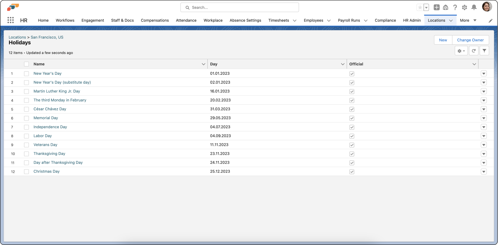 List of imported public holidays for an office location