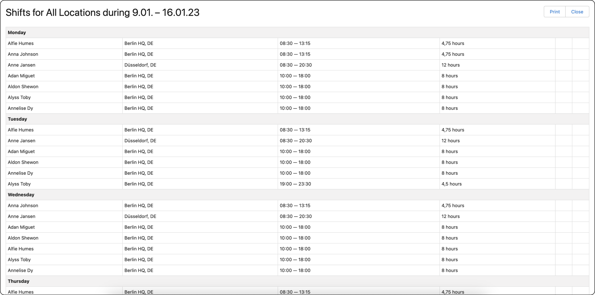 Print view of shift schedule