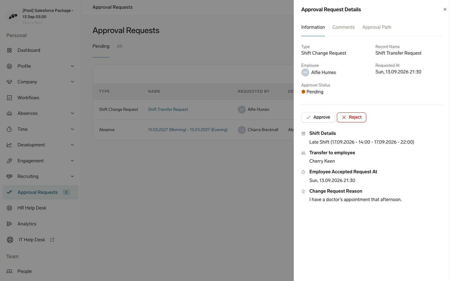 A Shift Transfer request waiting for manager approval in the Employee Hub