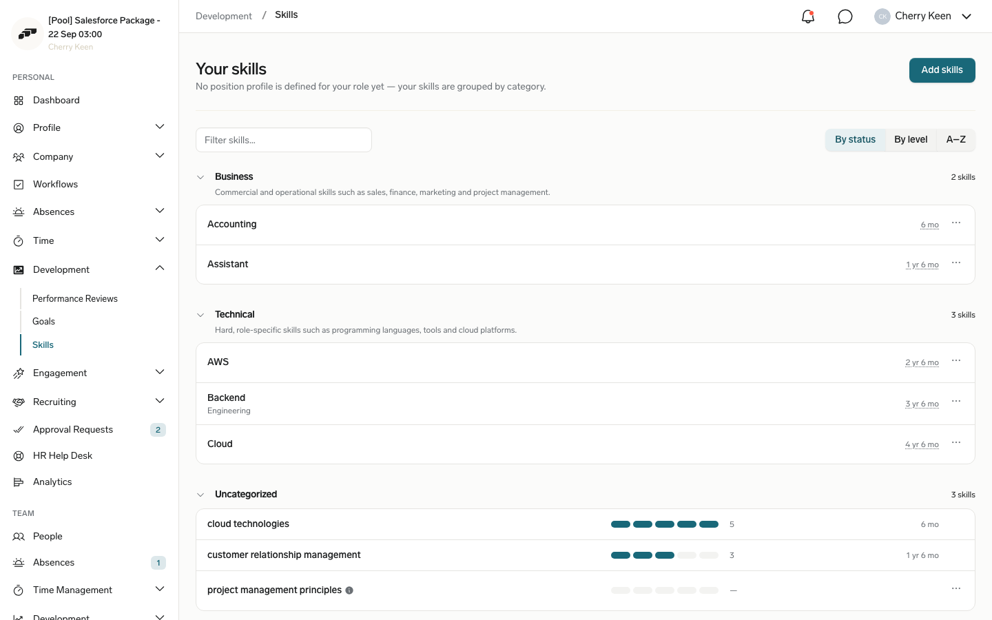 Employee skills list in the Employee Hub with an info icon open beside a skill, naming the certificate that granted it
