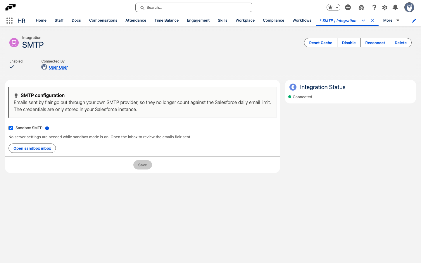 The SMTP configuration card with Sandbox SMTP selected, the Open sandbox inbox button, and the Connected integration status