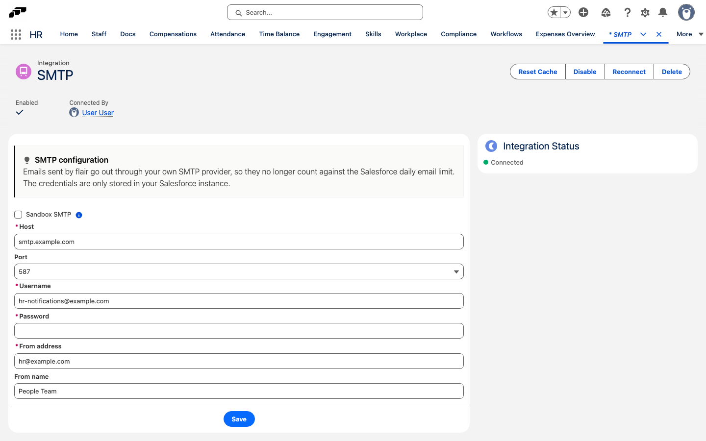 The SMTP configuration card on a connected SMTP integration with Host, Port, Username, From address, and From name entered, the empty Password field, and Save