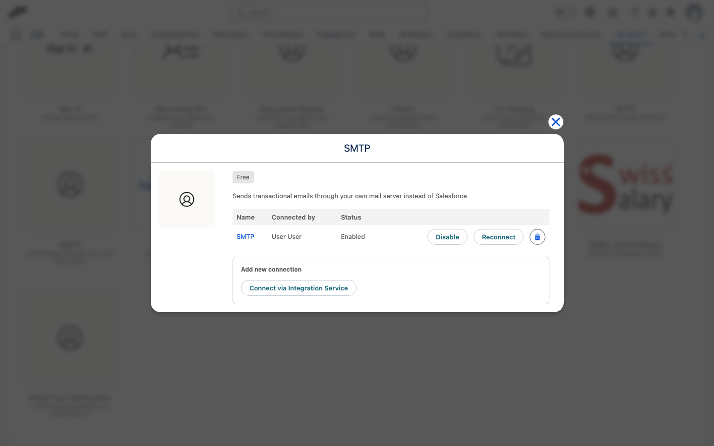 The SMTP dialog in HR Admin Integrations with the Connect via Integration Service button