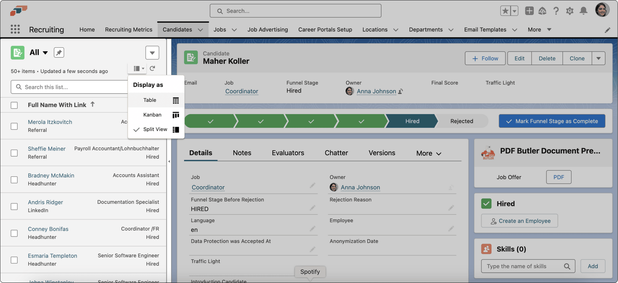 Candidate list and record in Split View