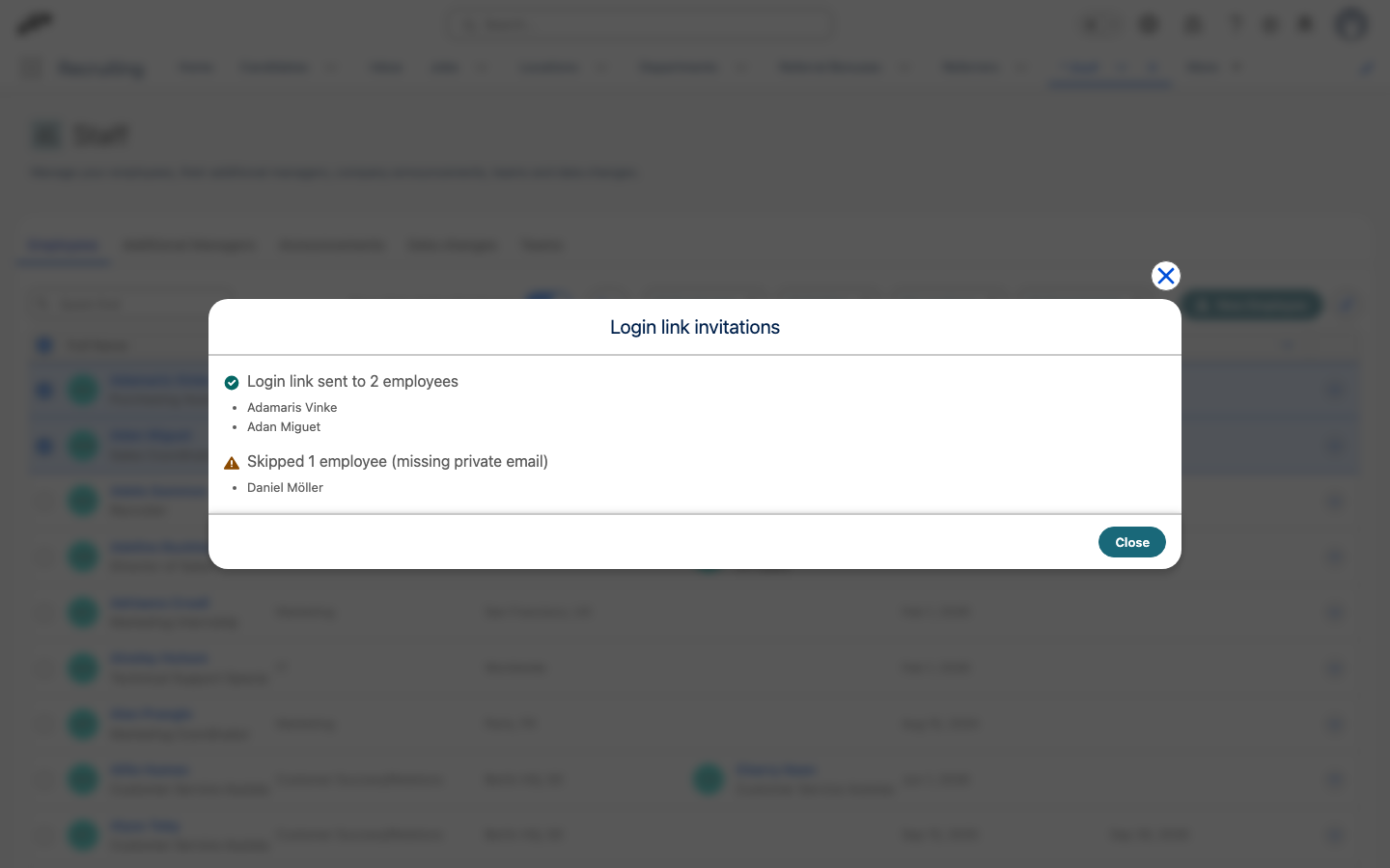 The Login link invitations dialog, confirming the login link was sent to two employees and listing one employee skipped for a missing private email