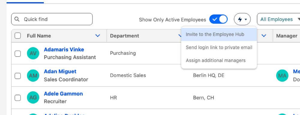 The bulk-actions menu on the Staff tab, showing Invite to the Employee Hub, Send login link to private email and Assign additional managers
