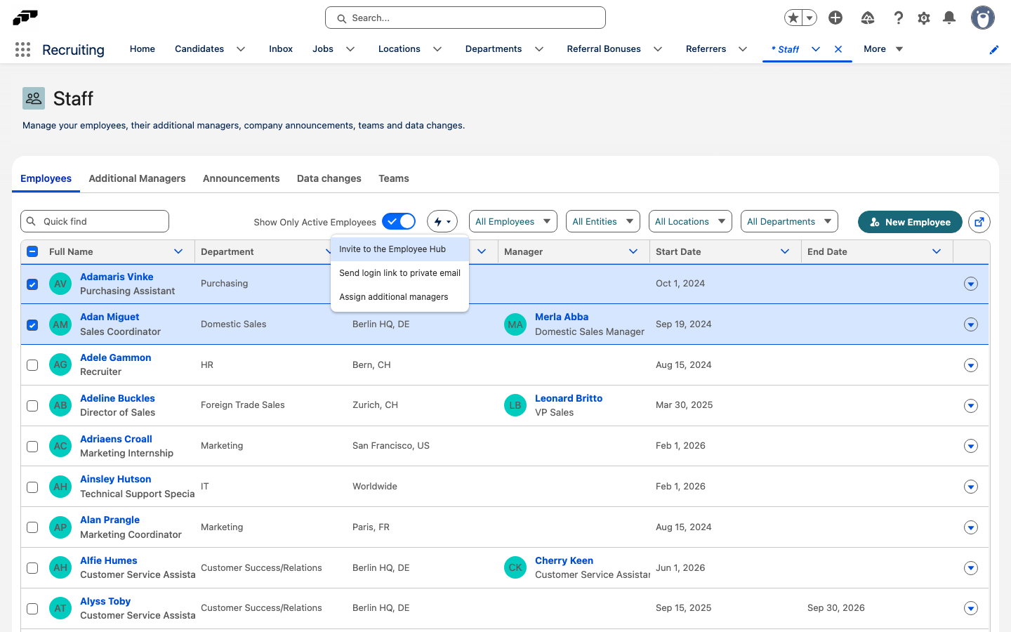 The bulk-actions menu on the Staff tab, showing Invite to the Employee Hub, Send login link to private email and Assign additional managers
