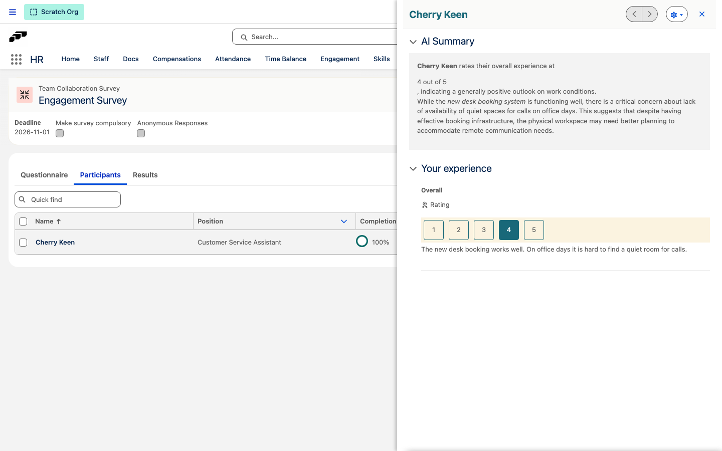 A survey participant's panel with the AI Summary section expanded above the answers