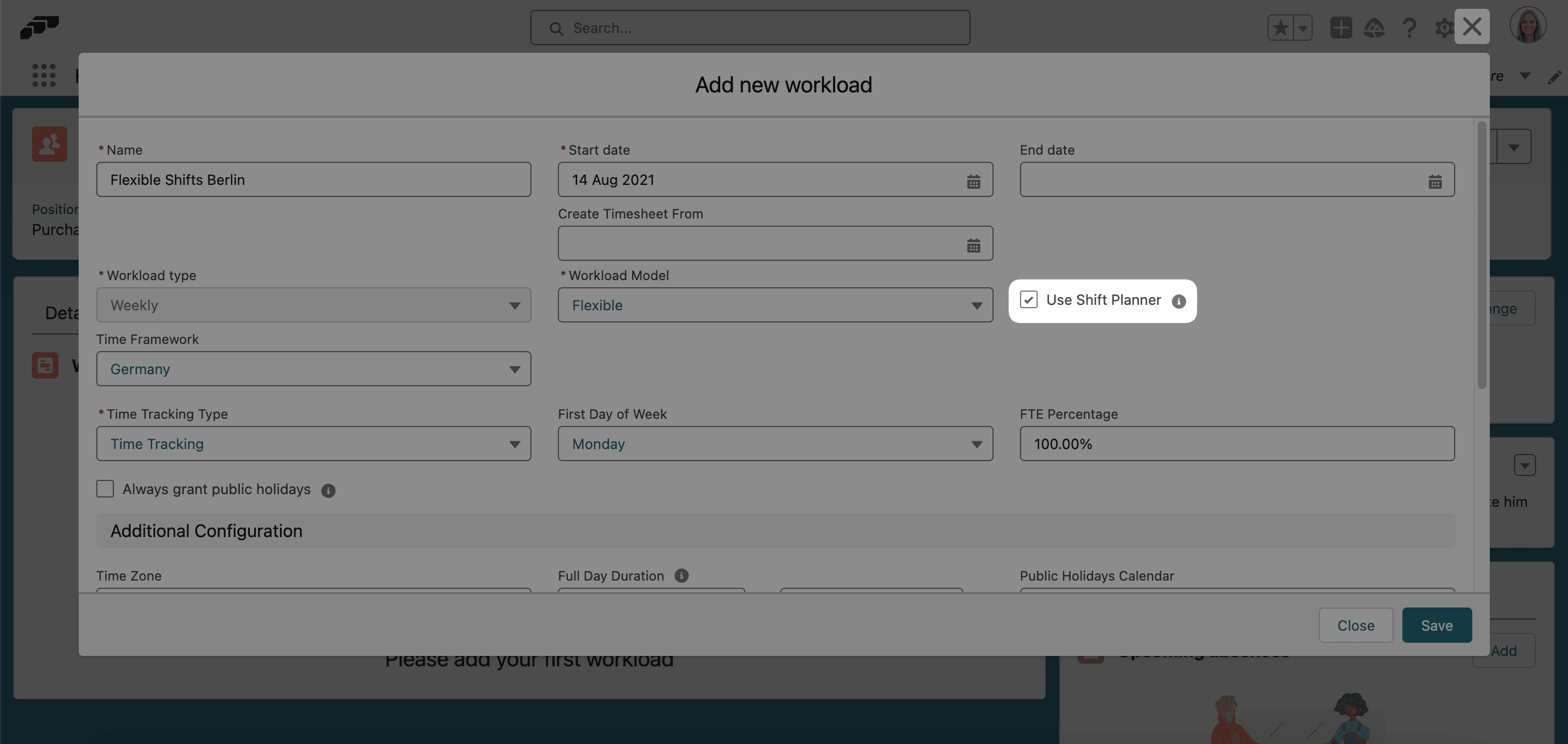 Use Shift Planner and Full Day Duration on a flexible workload
