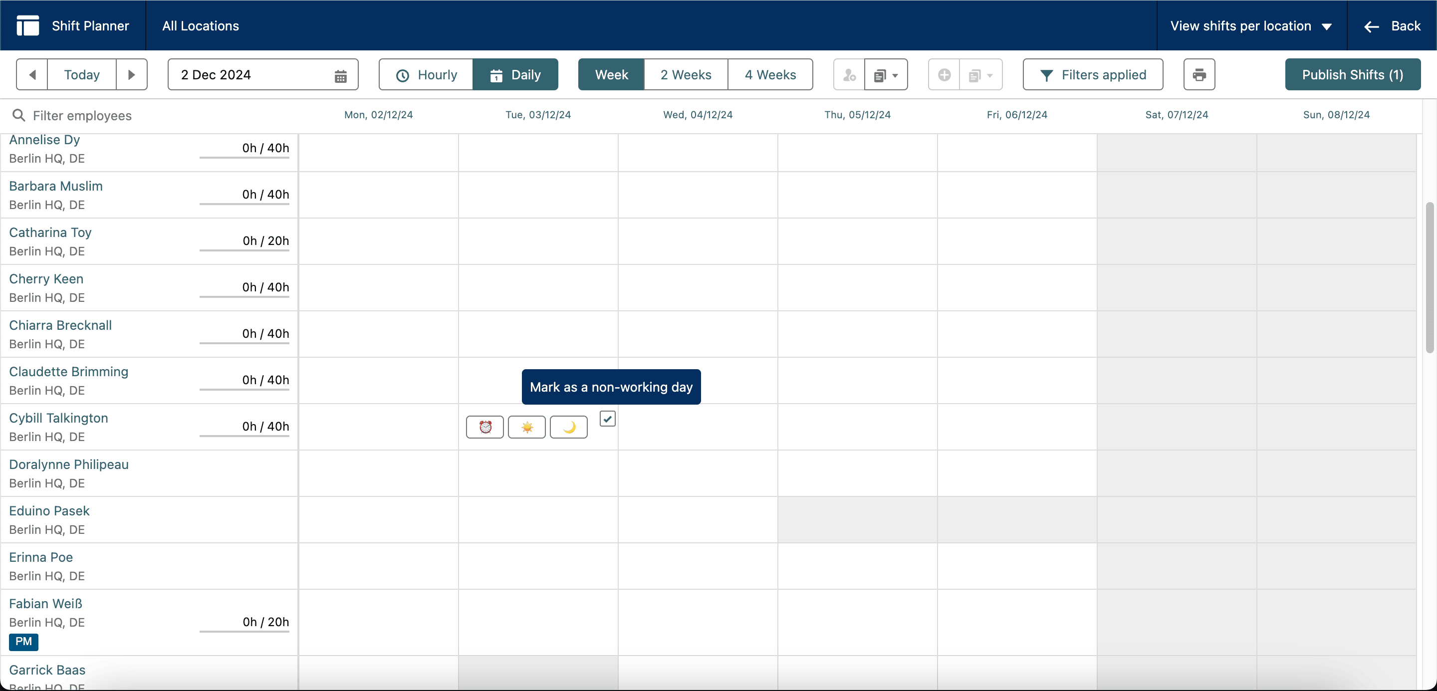 Working and non-working day controls in Shift Planner