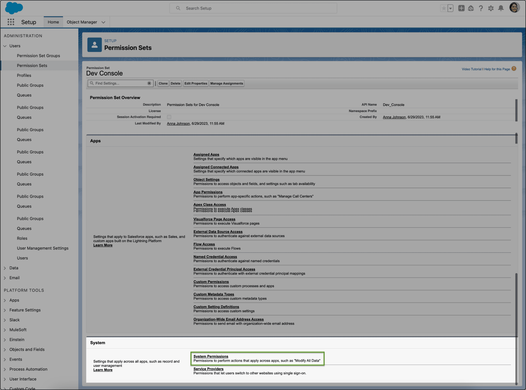 Edit action for System Permissions