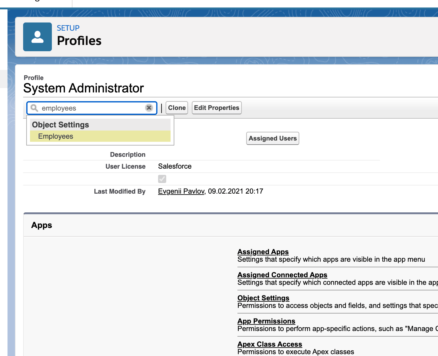 Employees object settings on a Salesforce profile
