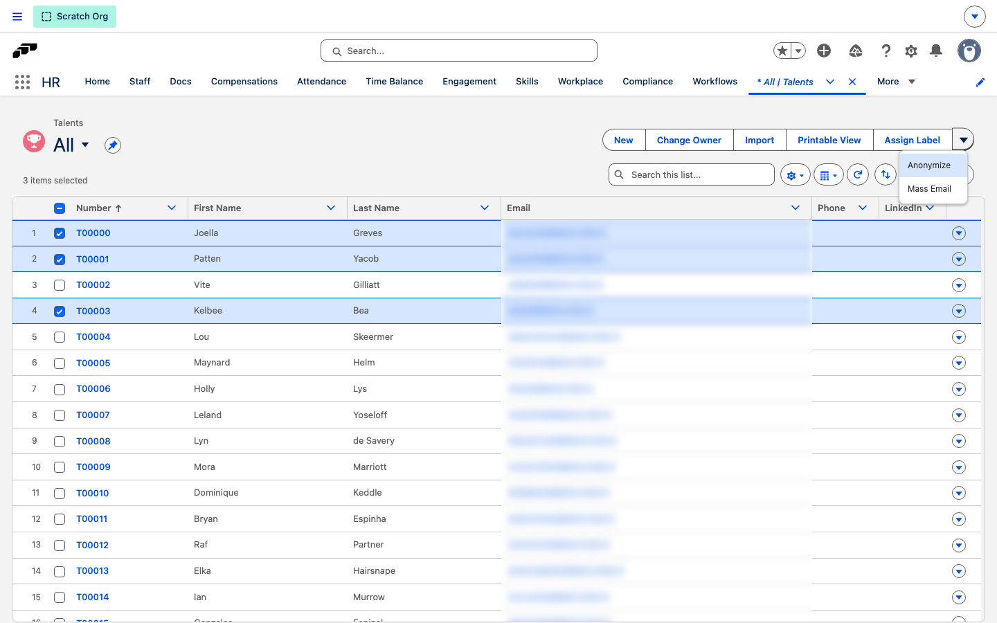 The Talents list view with three talents selected and Mass Email in the list view button menu