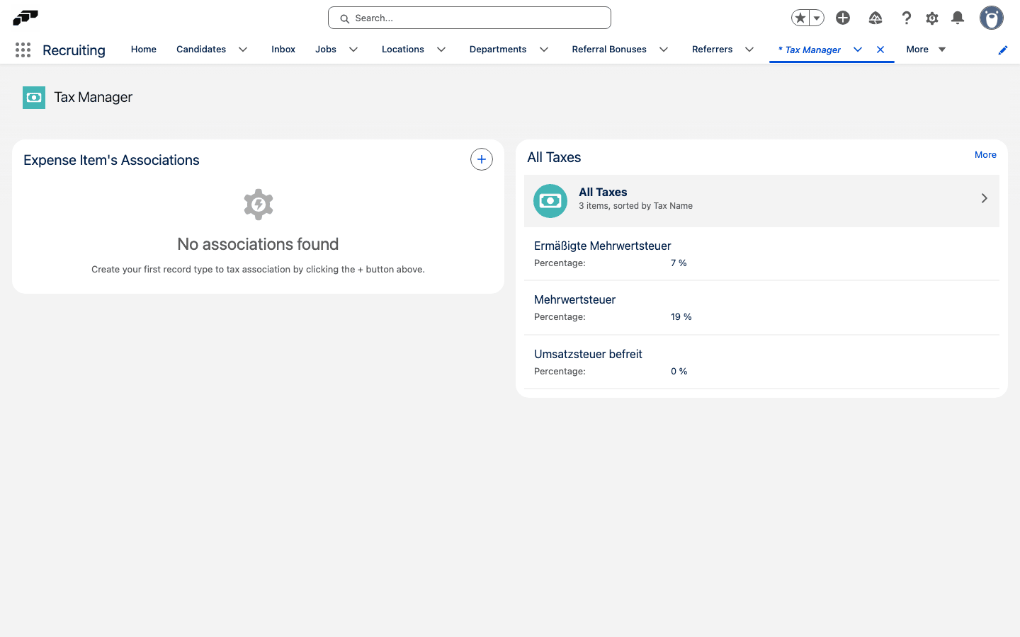 Record Type Tax Association and Tax Overview in Tax Manager