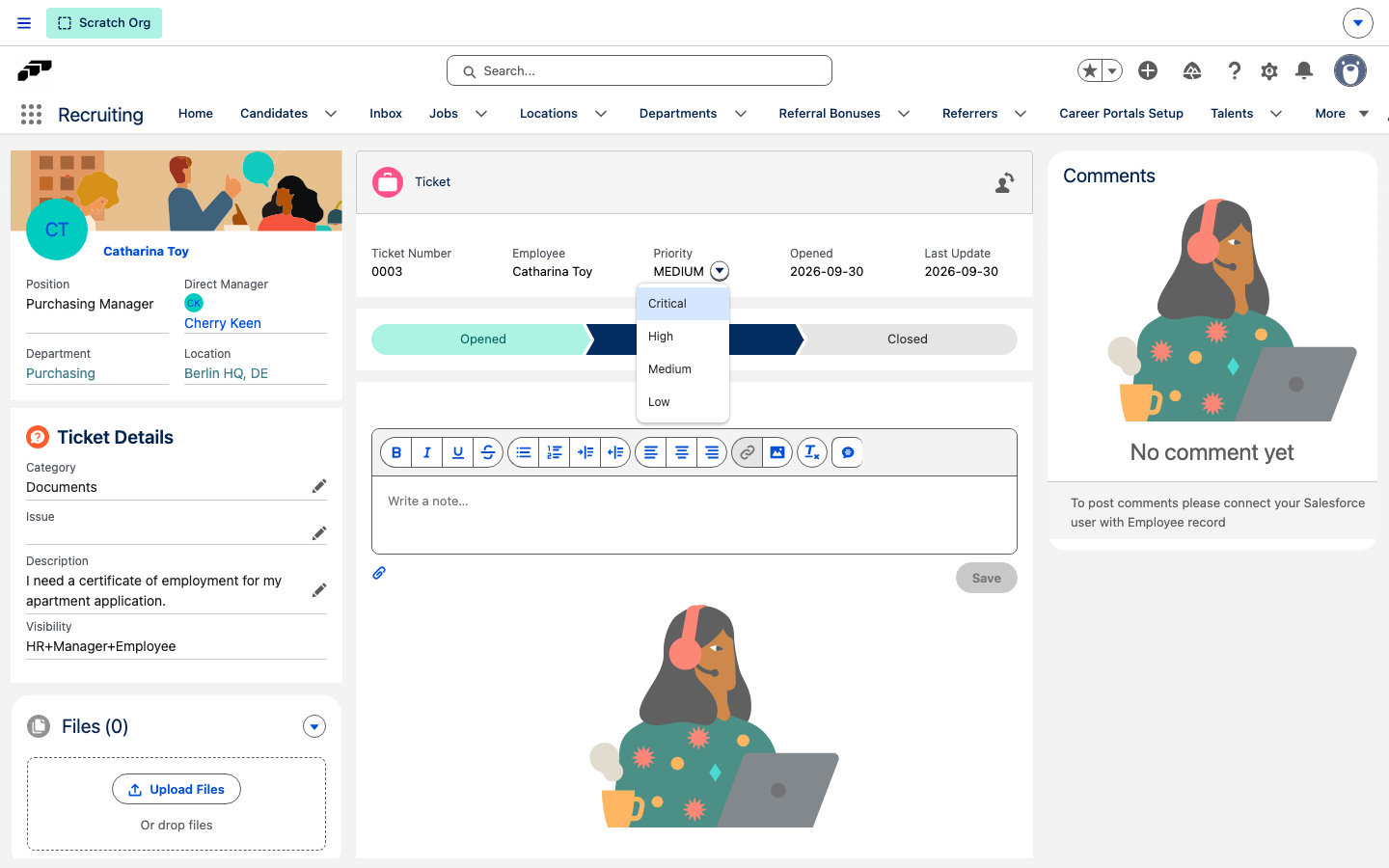 A Ticket record in Salesforce with the Priority menu open and the status path below it