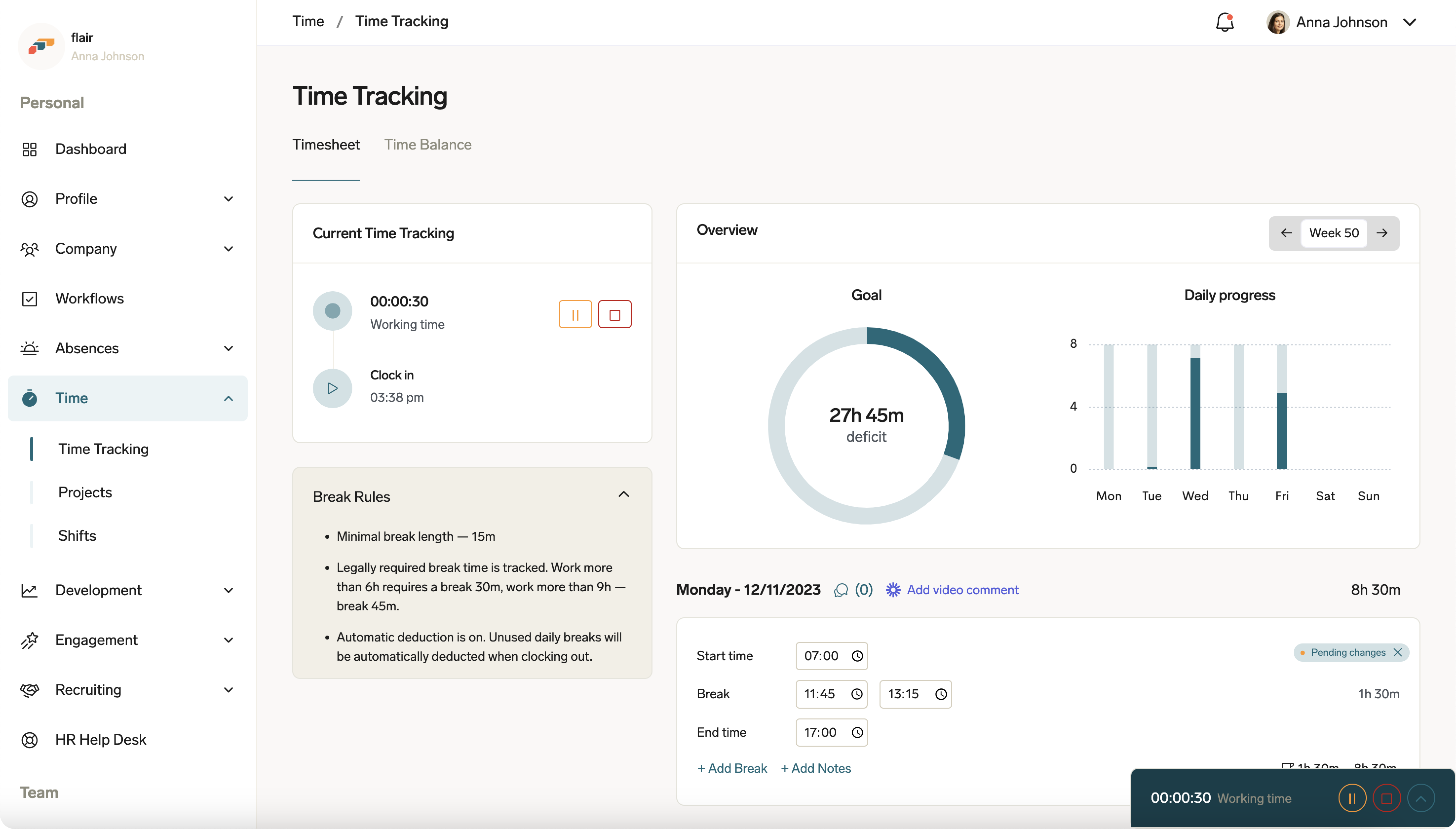 Time Tracking overview screen in the flair Employee Hub