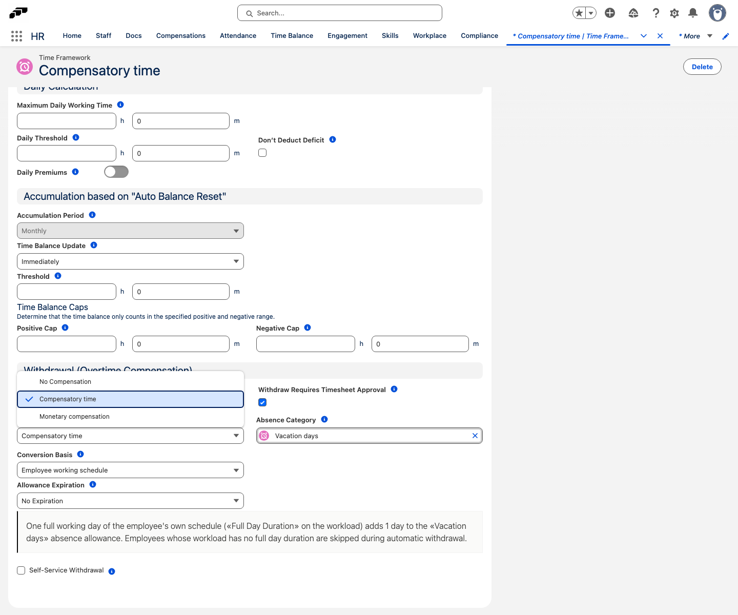 The Compensation Method dropdown expanded to show No Compensation, Compensatory time, and Monetary compensation