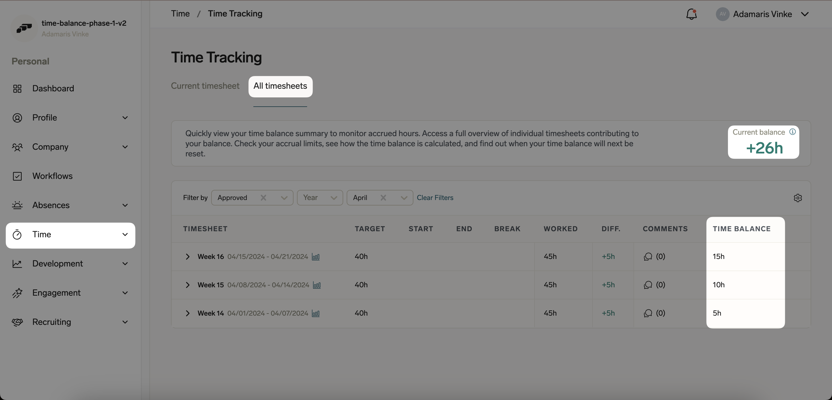 Employee view of time balance in the Employee Hub