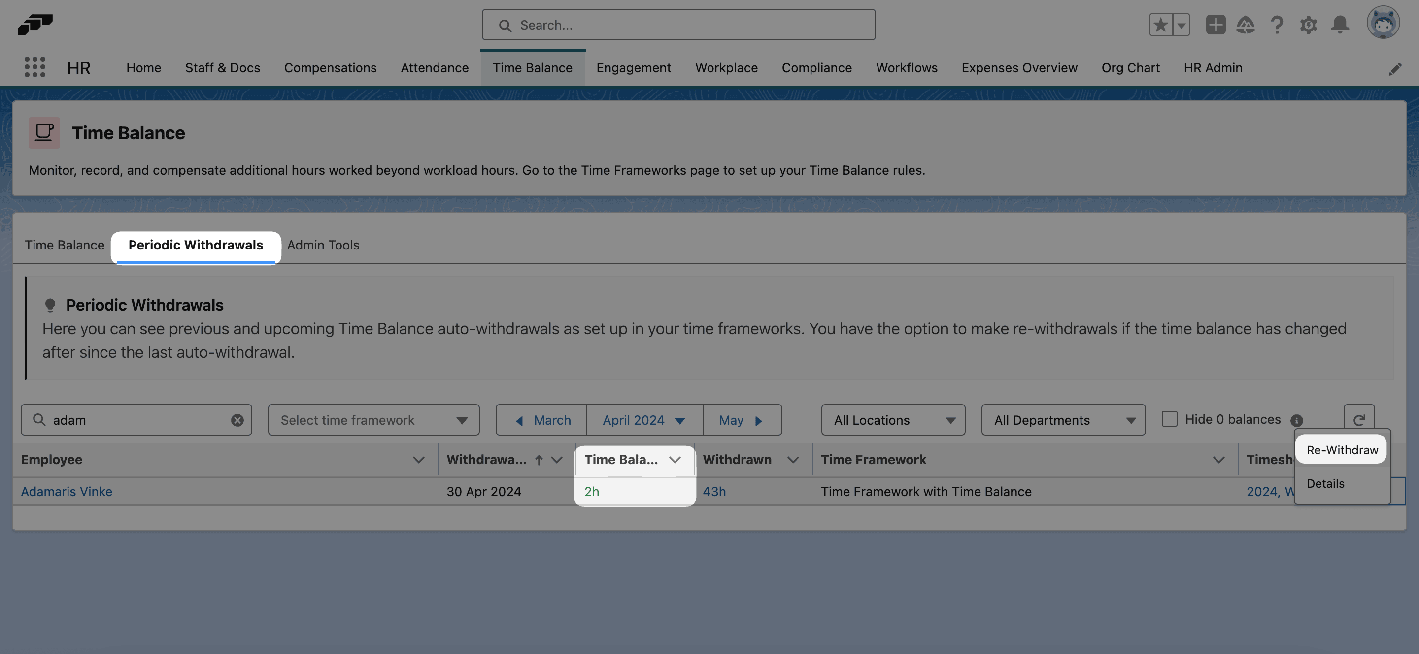 The row menu of an automatic withdrawal, with the Re-Withdraw action